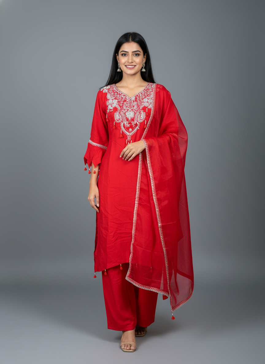 Ruby Red Embroidered Kurta & Pant Set with Organza Dupatta