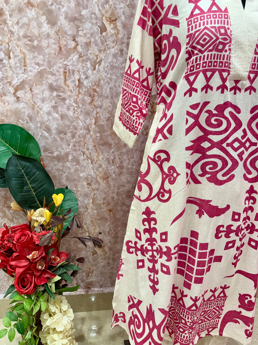 Chic Tribal Vibes: Rani Pink Print on Flex Cotton Kurta Set