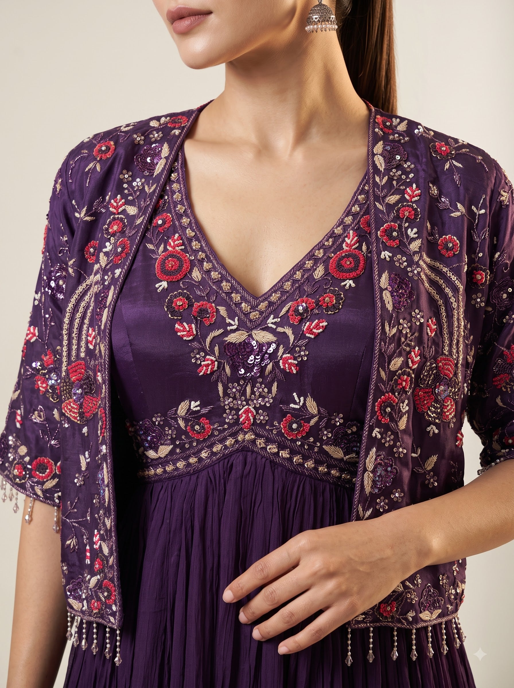 Purple Pure Georgette Anarkali Gown with Embroidered Jacket & Pearl Tassels