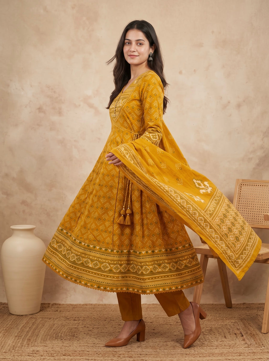 Mustard  Print Premium Cotton Anarkali Kurta Set