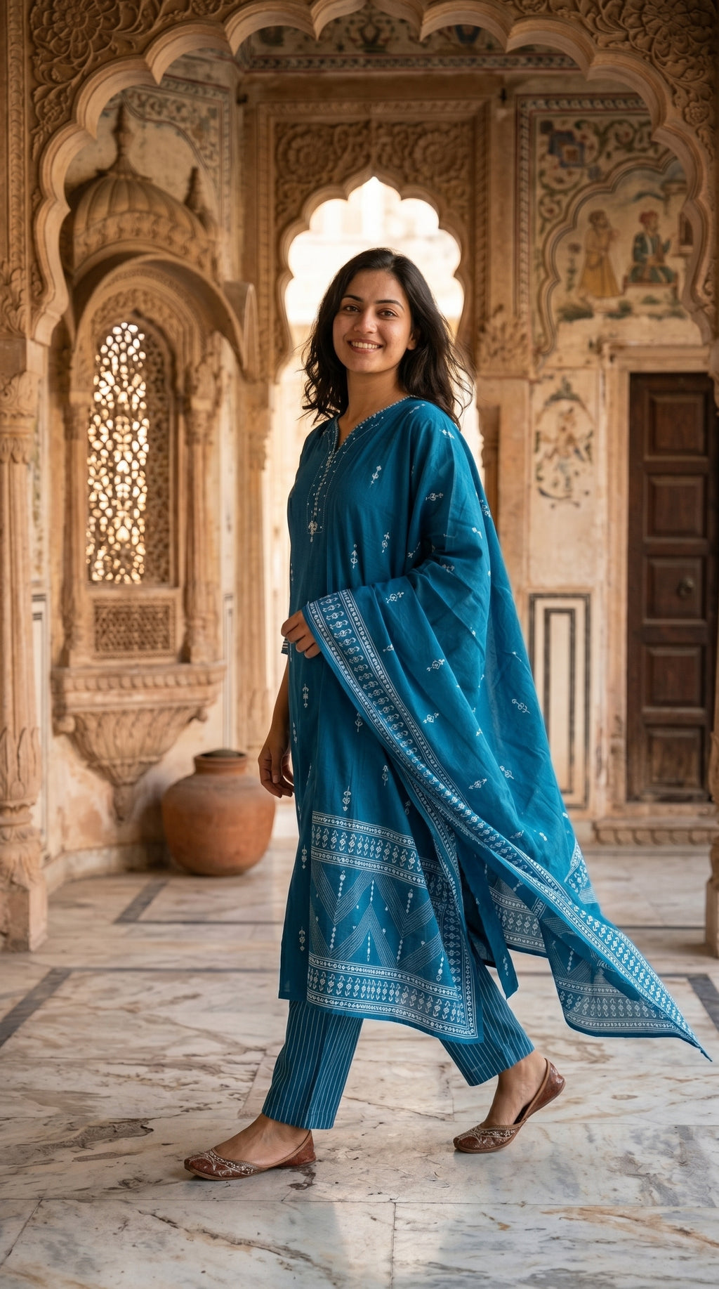 Teal Blue Booti Print Cotton Kurta Set for Women – Straight Daily & Office Wear Suit