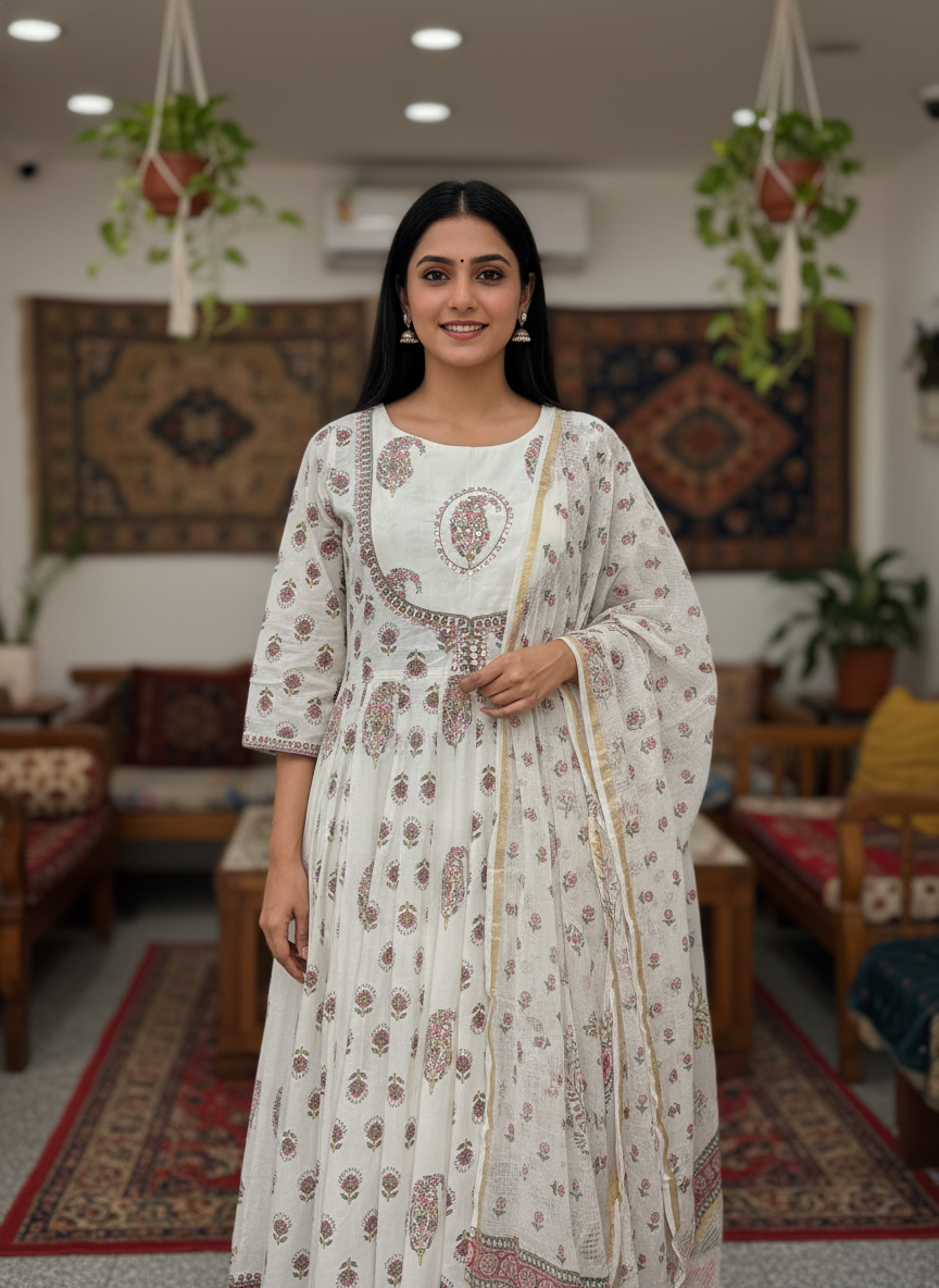 Ivory Blossom Hand-Block Printed Anarkali Set with Cotton Dupatta