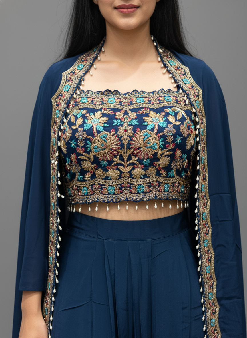 Blue Crepe Skirt Set | Cape Style Festive Outfit