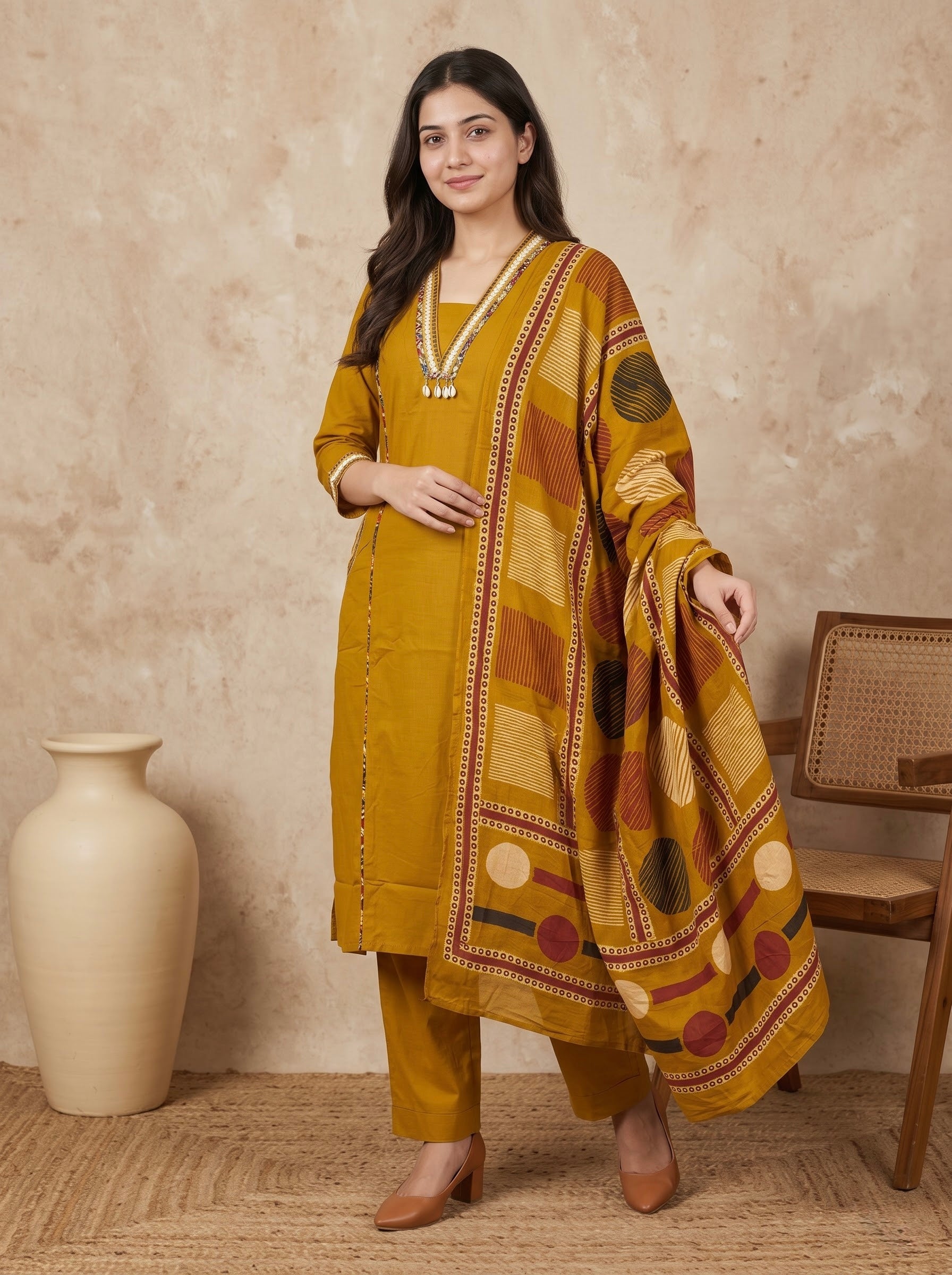 Mustard Yellow Premium Cotton Kurta Set with Kalamkari Dupatta