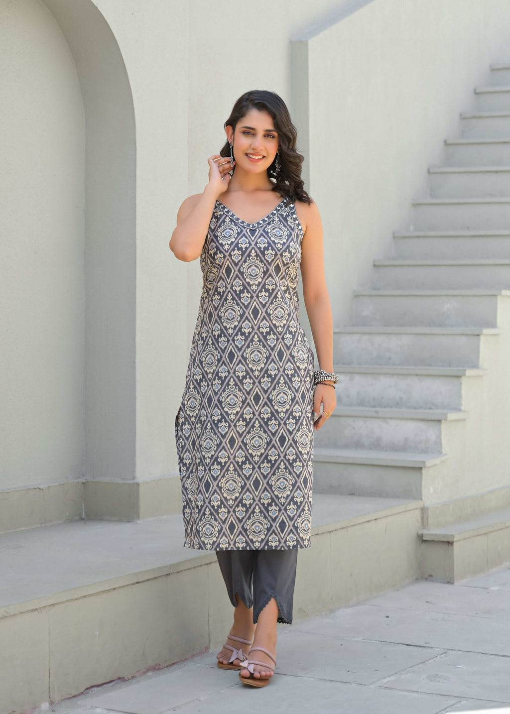 Cut Sleeves Grey Cotton Suit