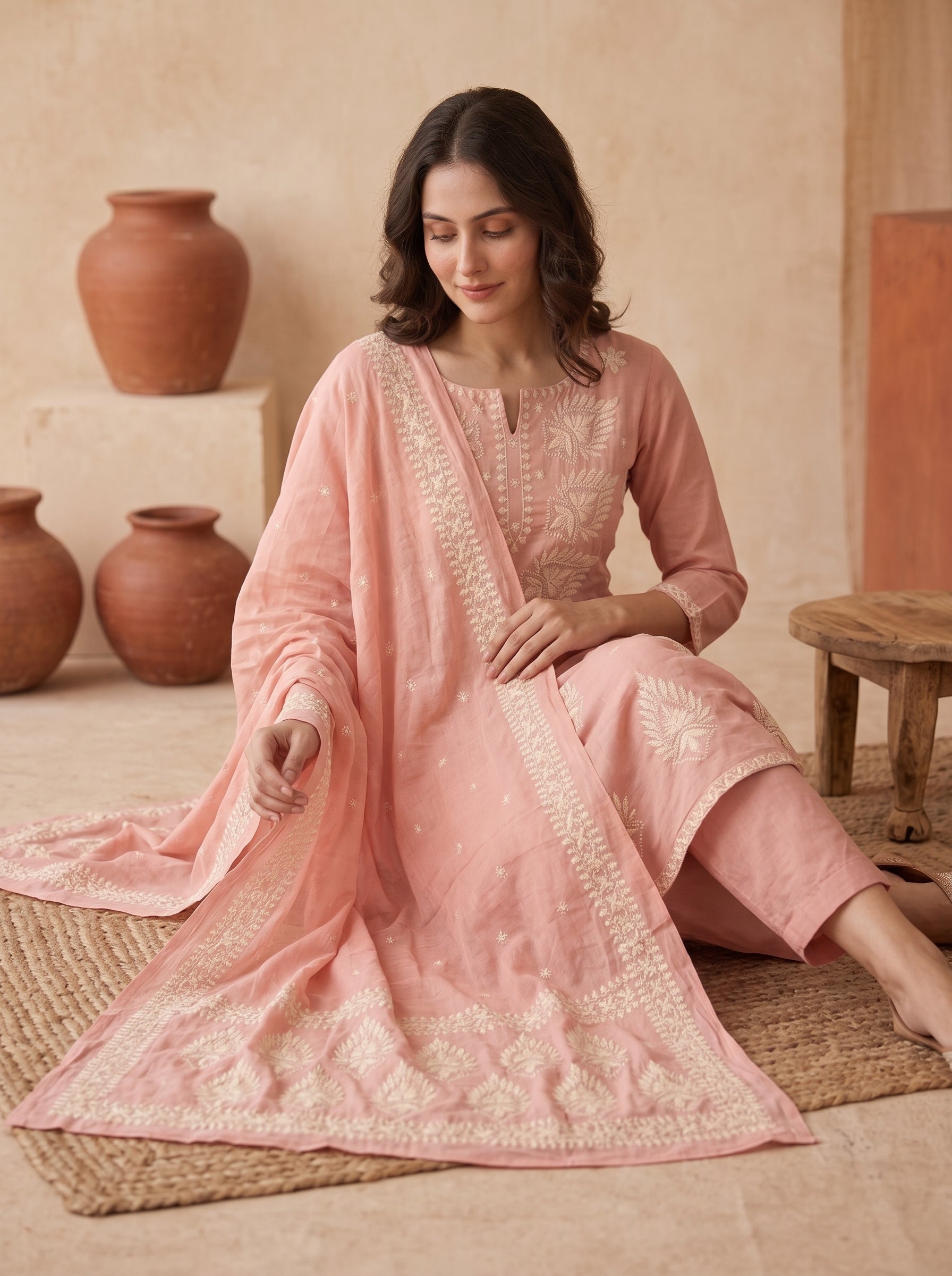 Peach Chikankari Embroidered Cotton Kurta Set with Dupatta