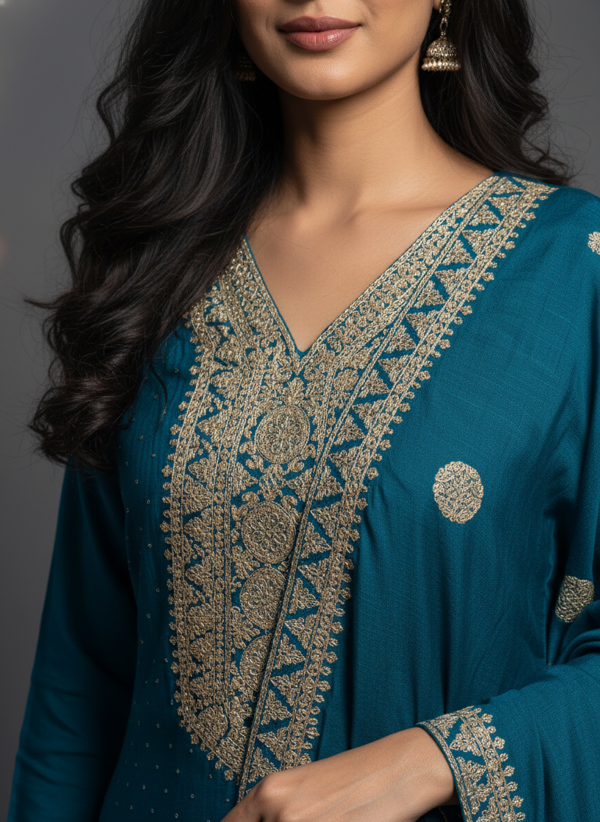 Regal Firozi Viscose Suit Set with Heavy Gold Zari Embroidery