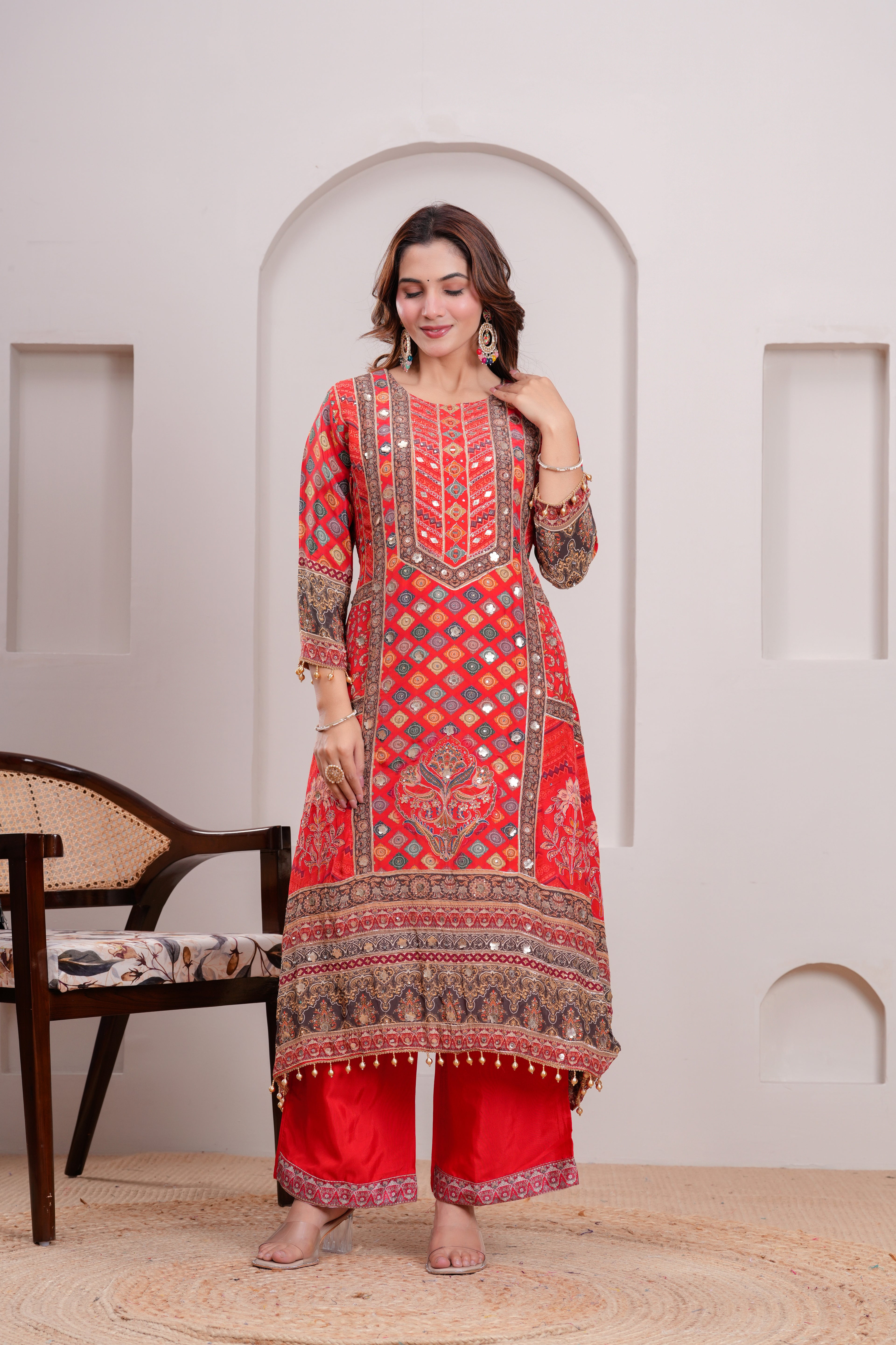 Red Royal Printed Suit Set With Elegant mirror and hand detaling work