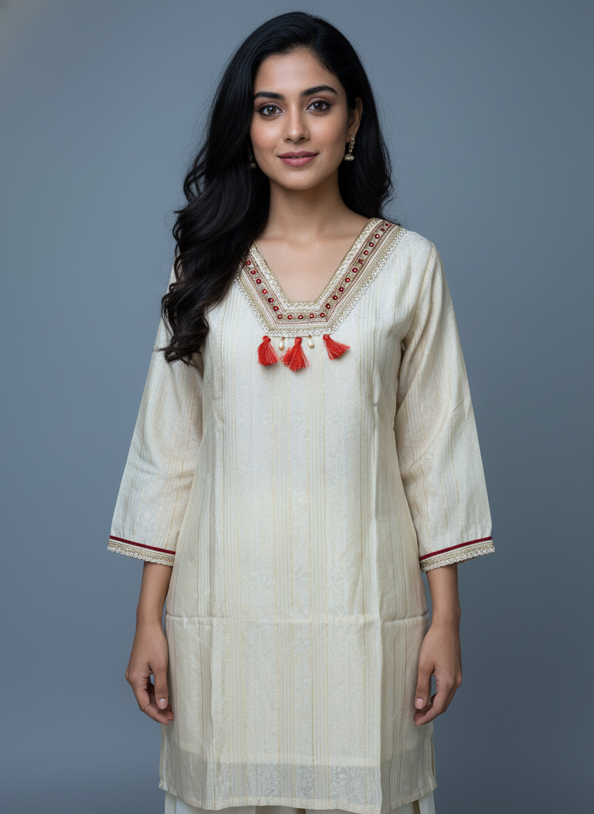 Cream Tissue Silk Salwar Suit Set with Red Bandhani Dupatta