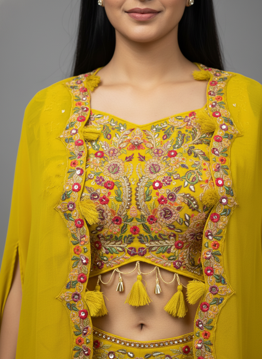 Haldi/Mehendi Georgette Indo with Floral Embroidered Cape
