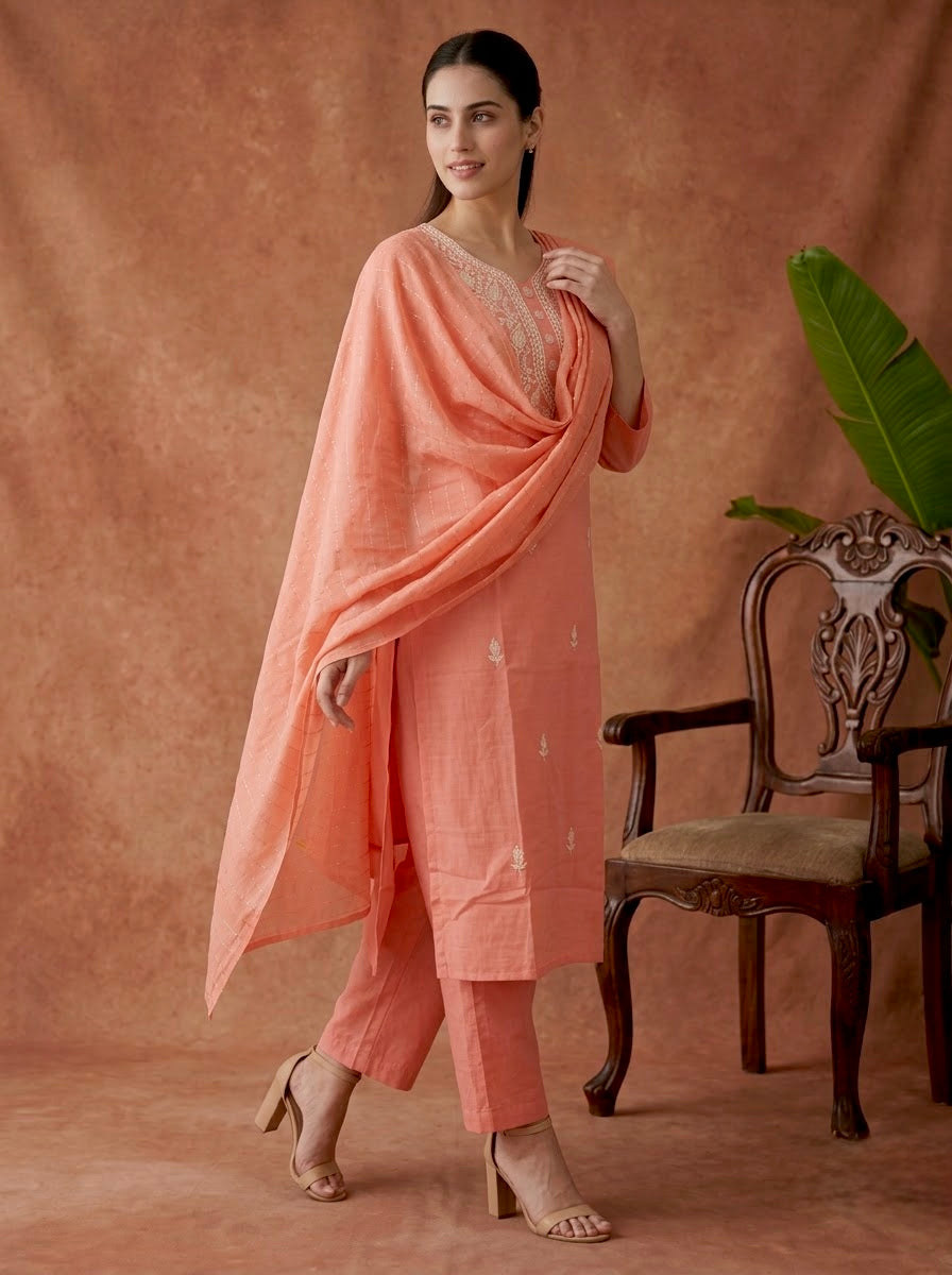 Peach Chikankari Embroidered Slub Cotton Kurta Set