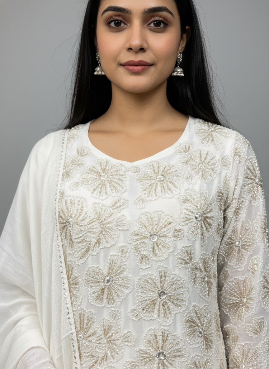 Pearl White Georgette Full-Sleeve Plazzo Suit with Dupatta