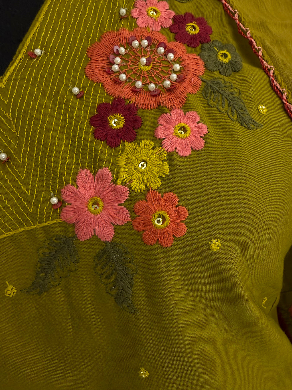 Olive Green Floral Embroidered Cotton Kurta Set – Straight Suit