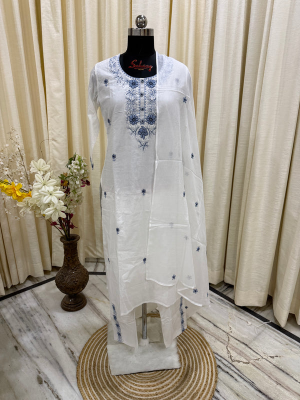 Pristine White Cotton Chikankari Embroidery Kurta Set