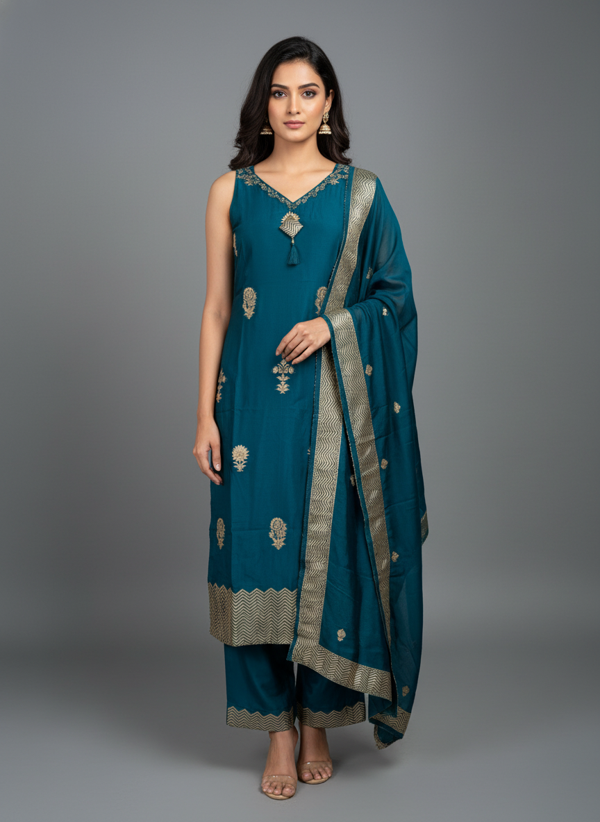 Luxurious Teal Blue Silk Kurta Set