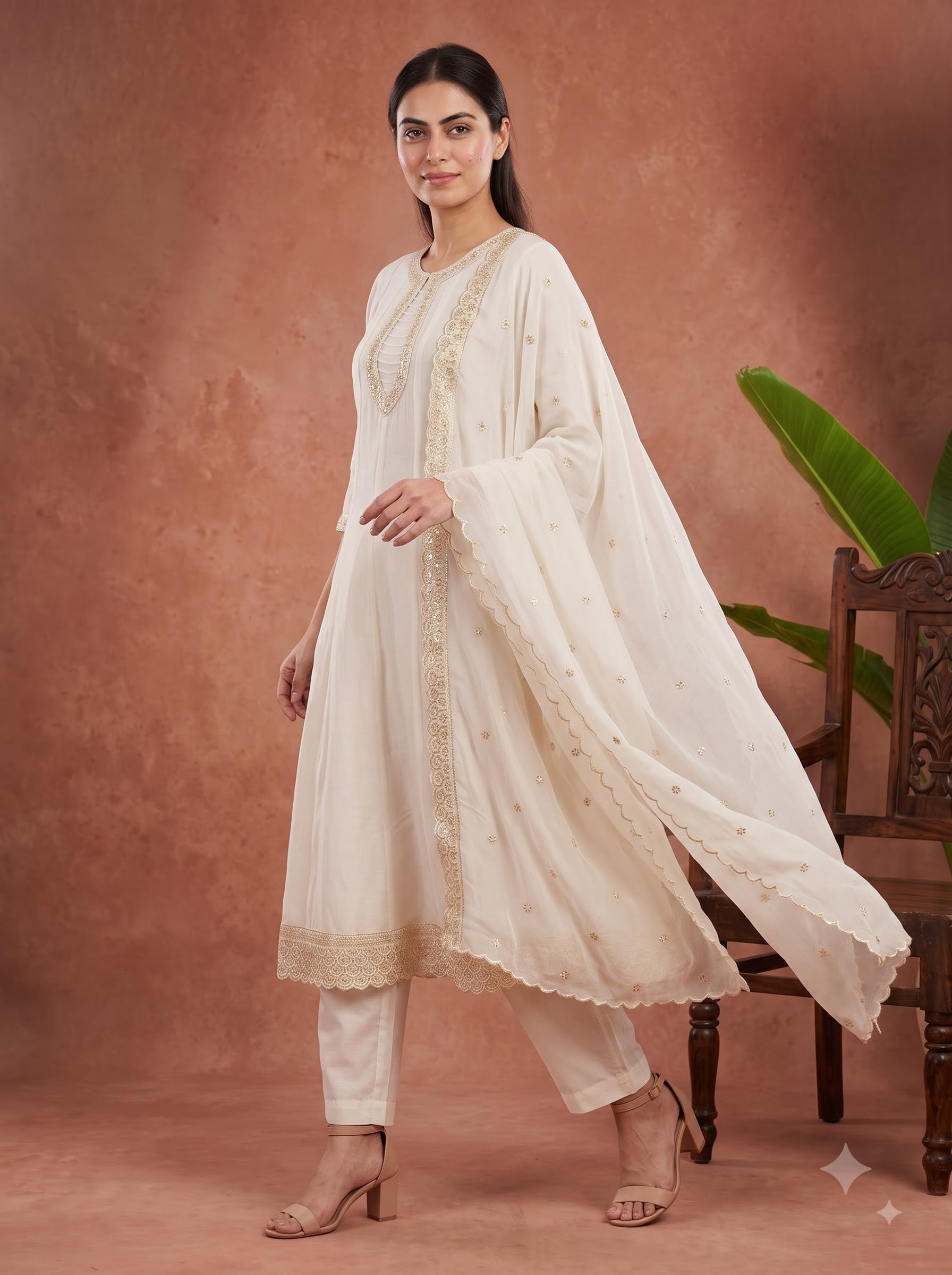 Ivory Zari Embroidered Silk Anarkali Kurta Set