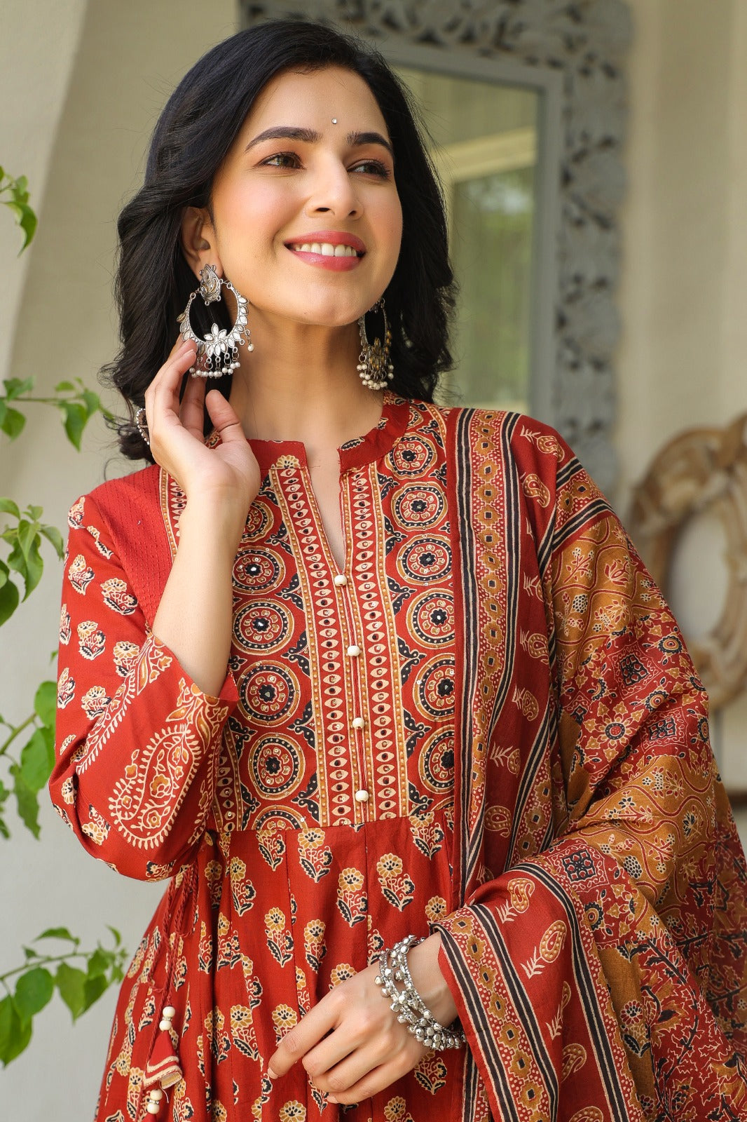 Gulnaar Rust Cotton Anarkali Set