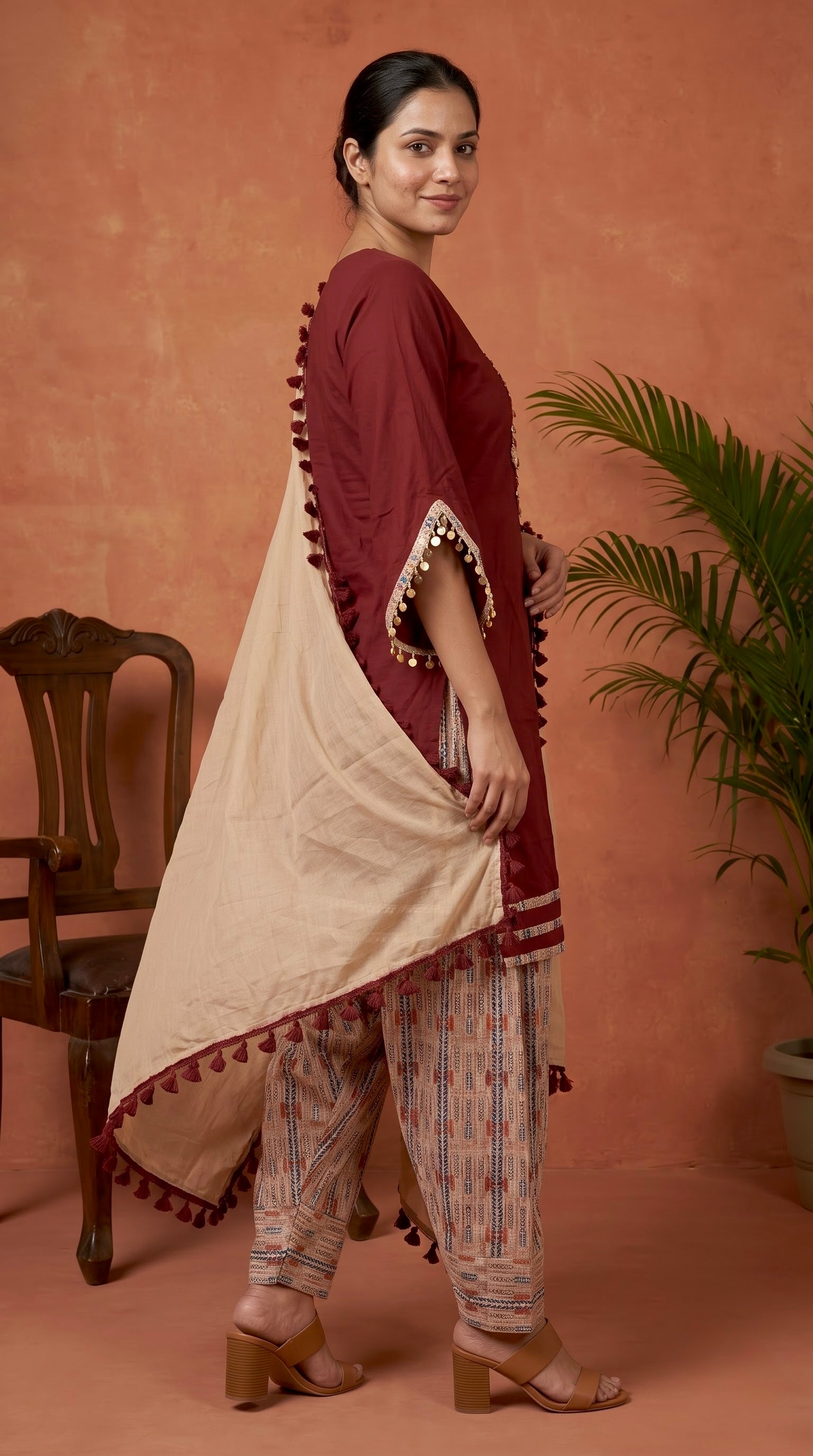 Maroon Mirror Work Premium Cotton Kurta Set with Printed Salwar