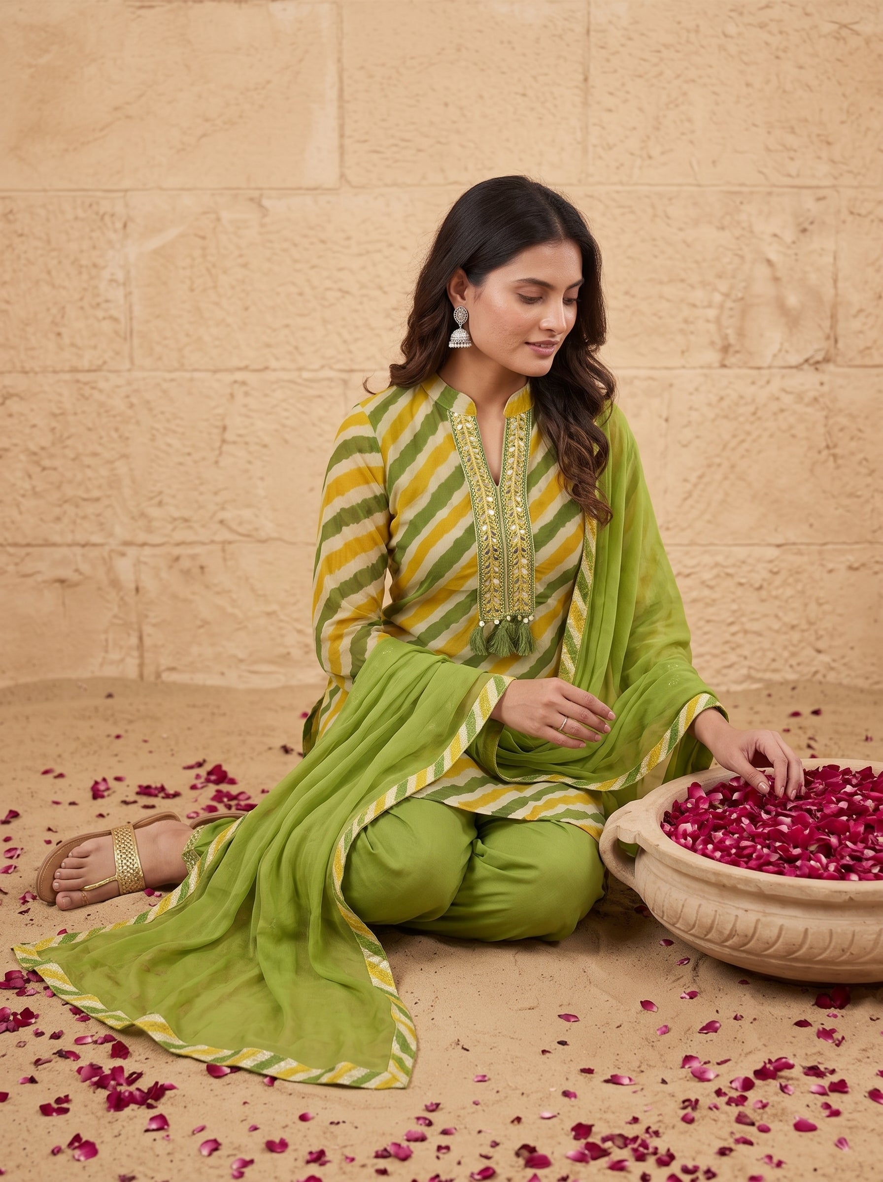Green Leheriya Chinon Kurta with Salwar Set