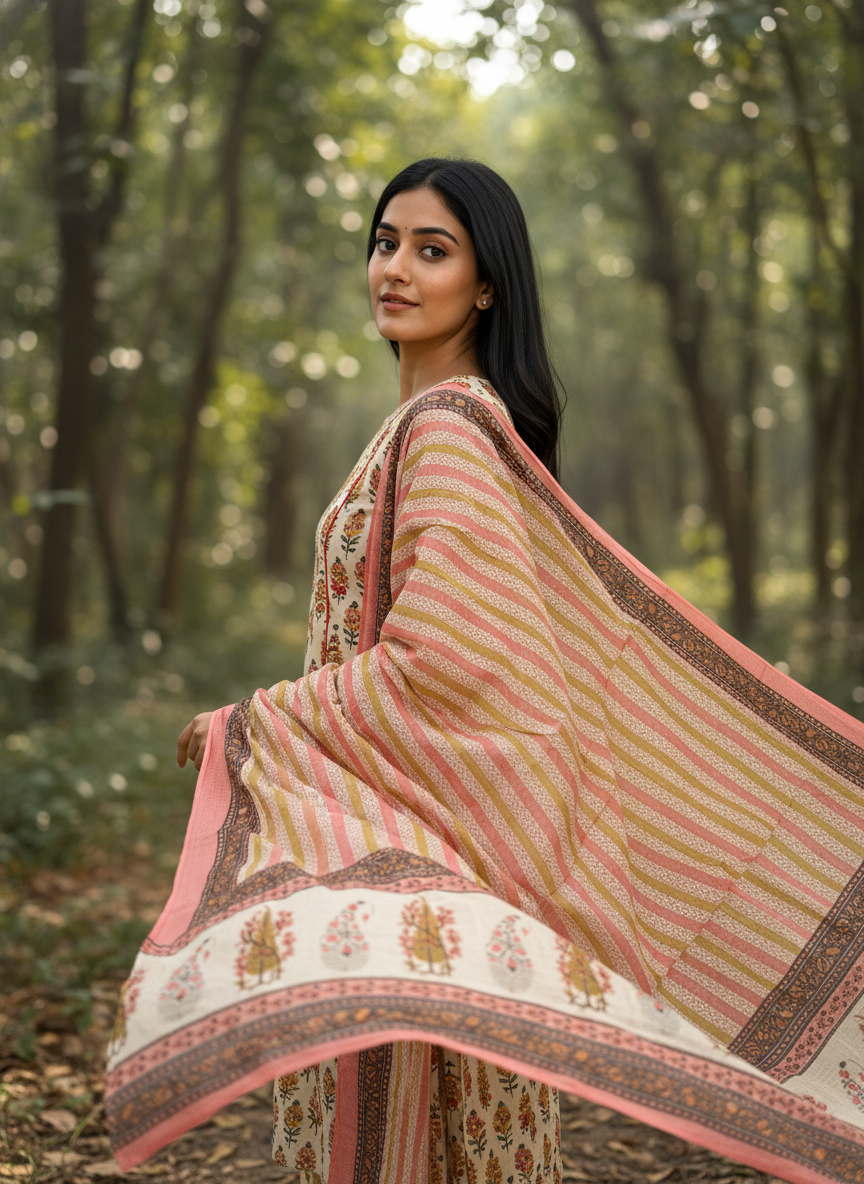 Beige & Coral Floral Cotton A-Line Set with Palazzo