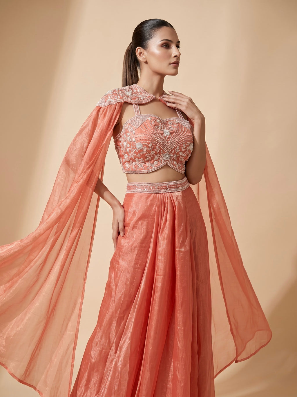 Peach Gucci Crepe Crop Top & Draped Skirt Set with Pearl Embroidered Cape