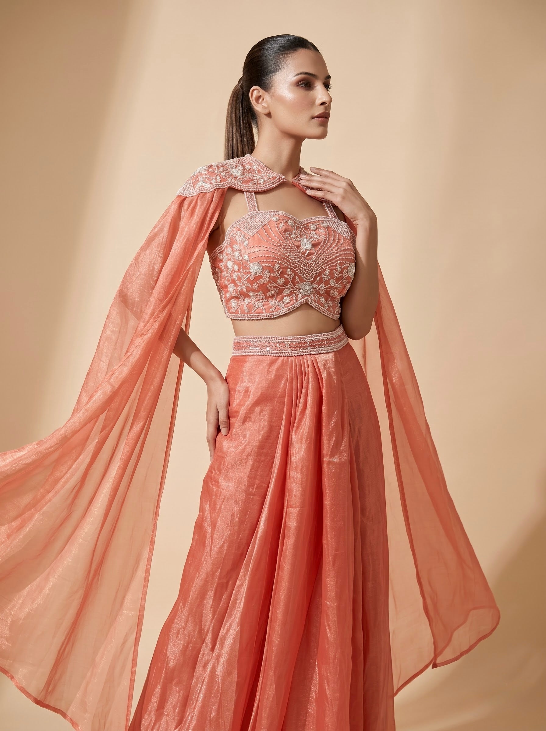 Peach Gucci Crepe Crop Top & Draped Skirt Set with Pearl Embroidered Cape