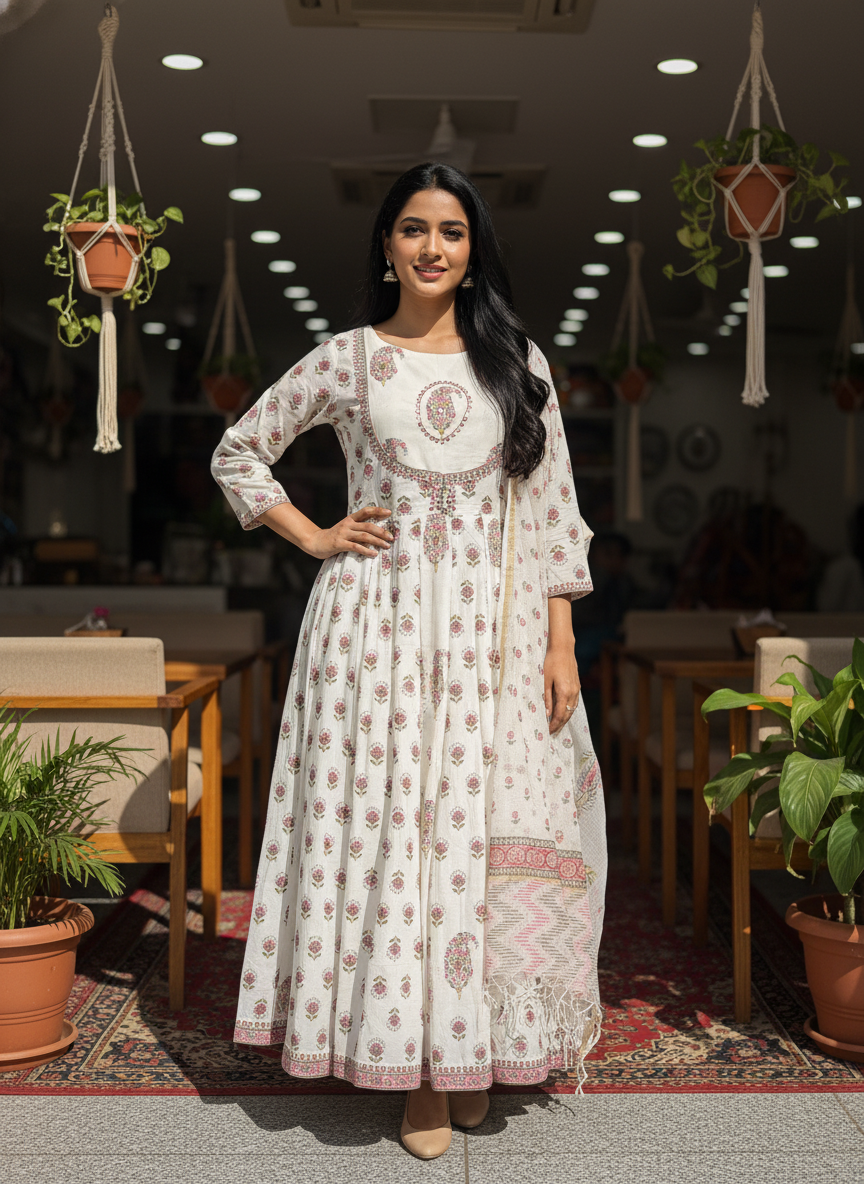 Ivory Blossom Hand-Block Printed Anarkali Set with Cotton Dupatta