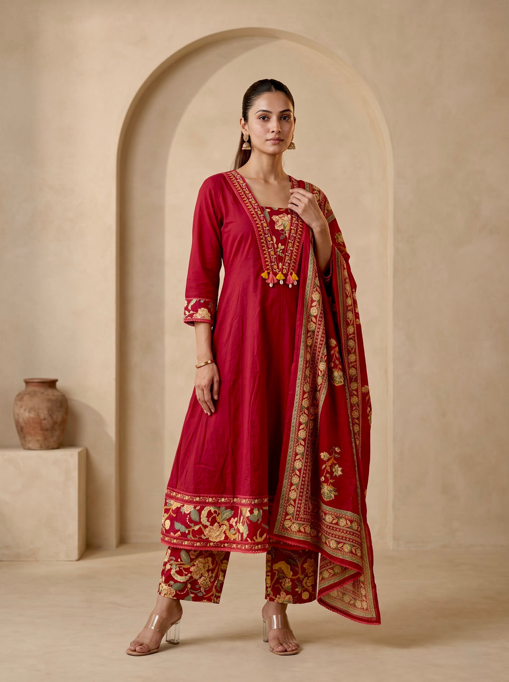 Maroon Floral Border Premium Cotton Anarkali Kurta Set