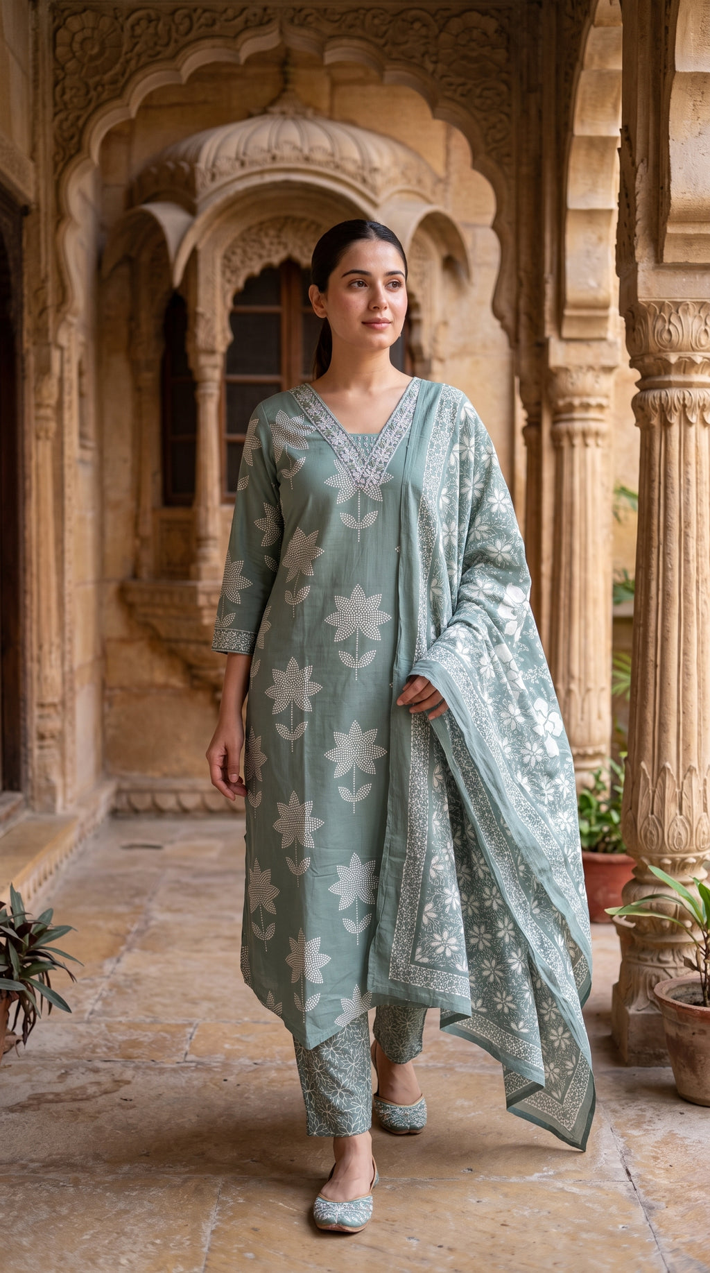 Sage Green Floral Block Print Cotton Kurta Set – Straight Suit