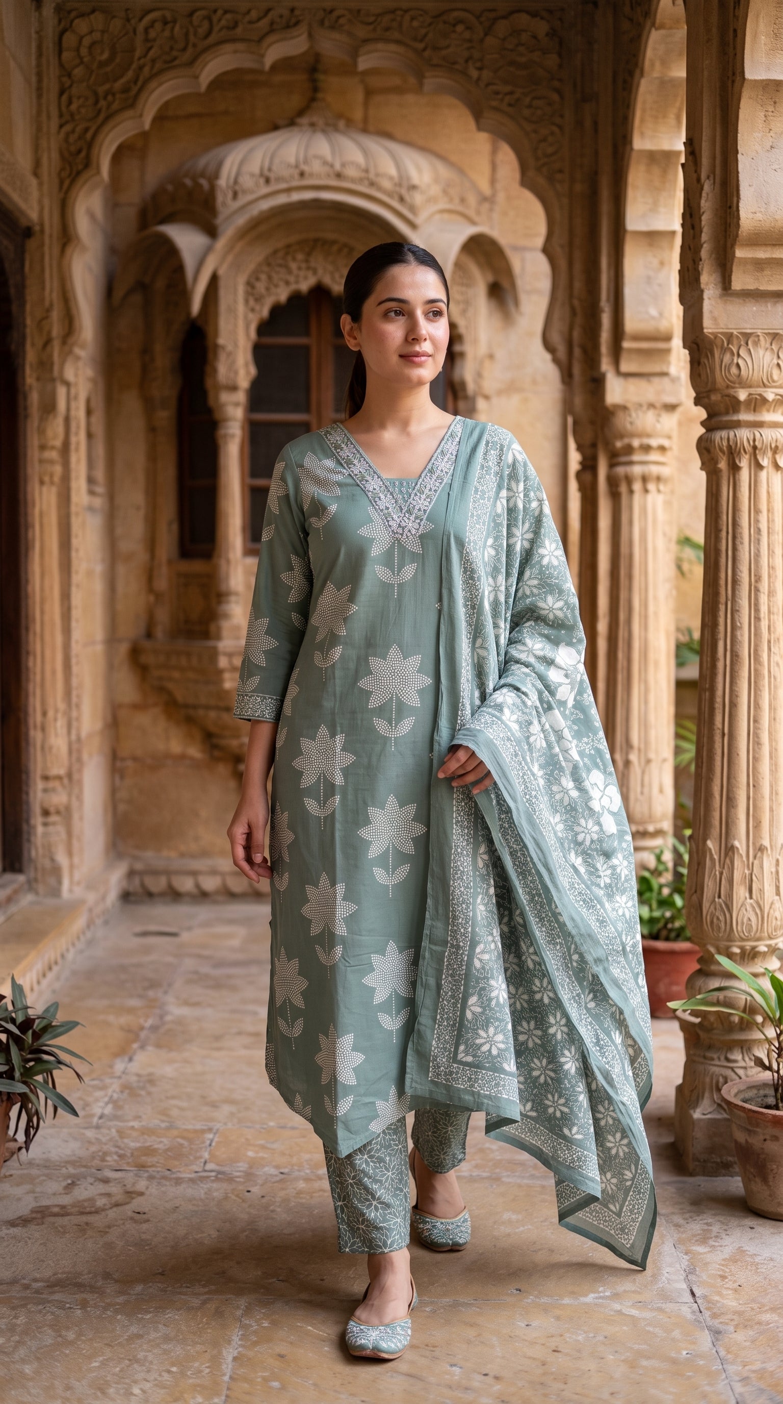 Sage Green Floral Block Print Cotton Kurta Set – Straight Suit
