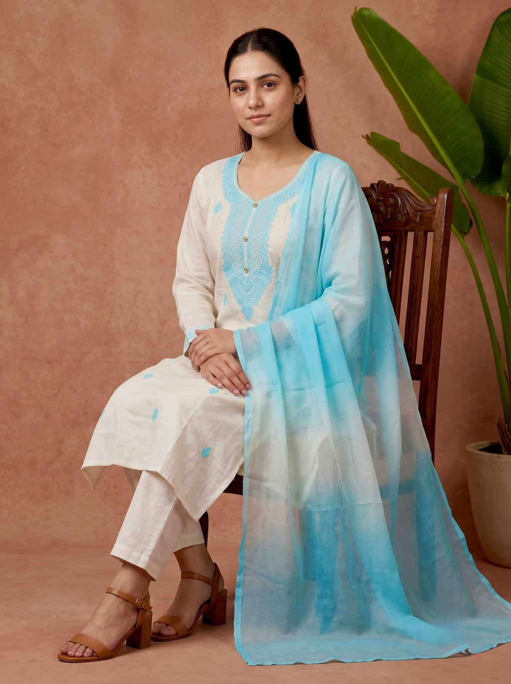 Off-White Chikankari Embroidered Slub Cotton Kurta Set