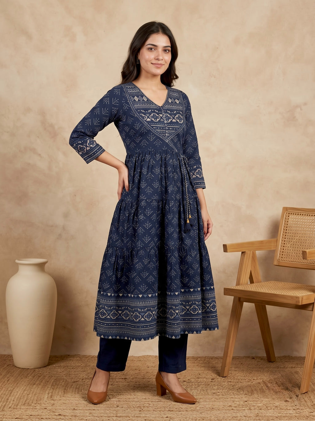 Navy Blue Bagru Print Premium Cotton Tiered Anarkali Kurta Set