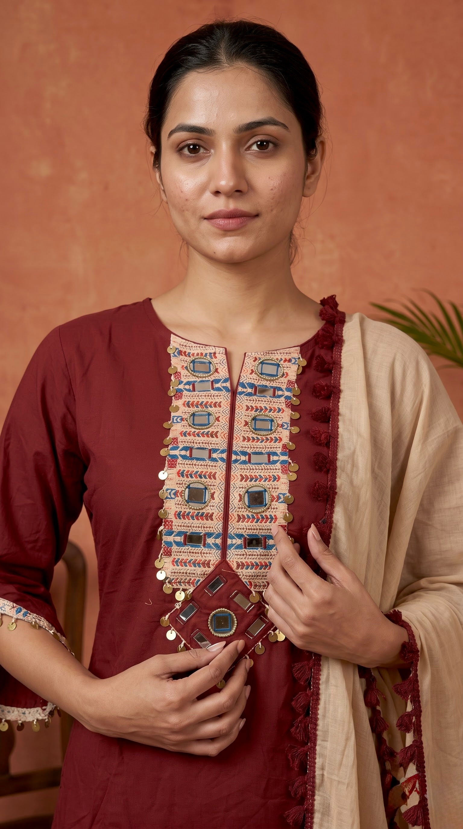 Maroon Mirror Work Premium Cotton Kurta Set with Printed Salwar