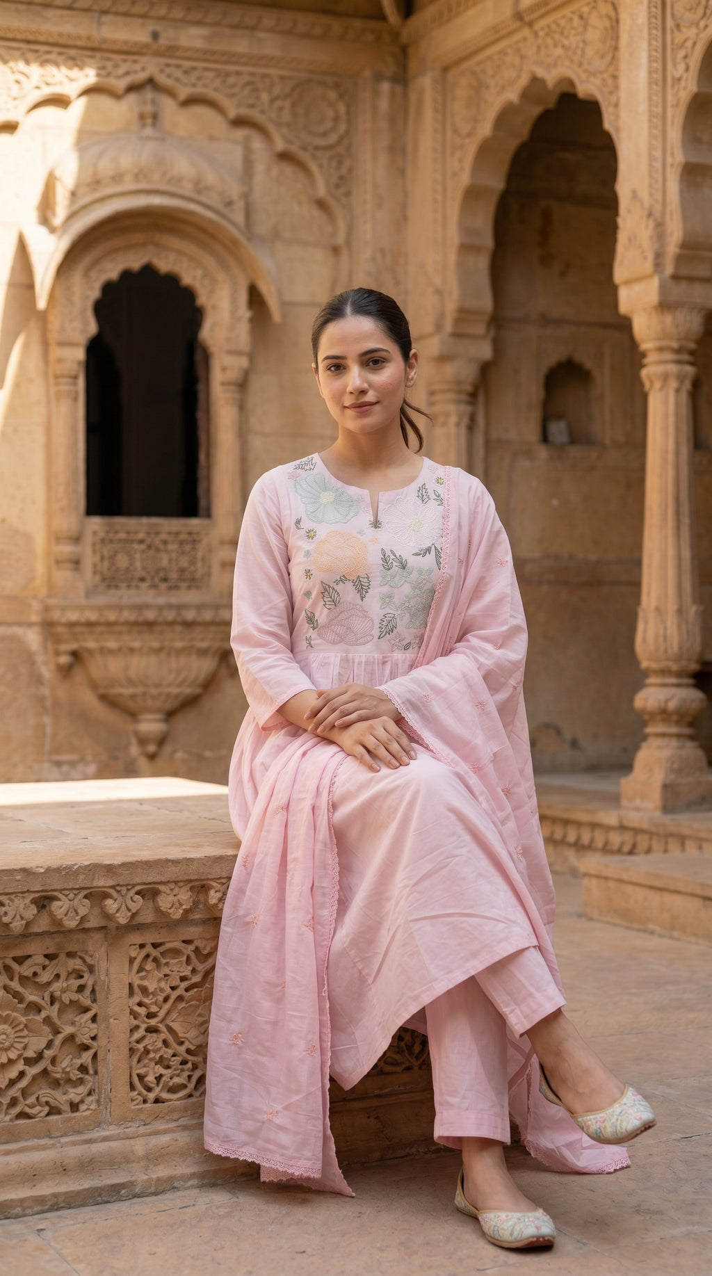 Rose Pink Floral Embroidered Mal Cotton A-Line Suit Set