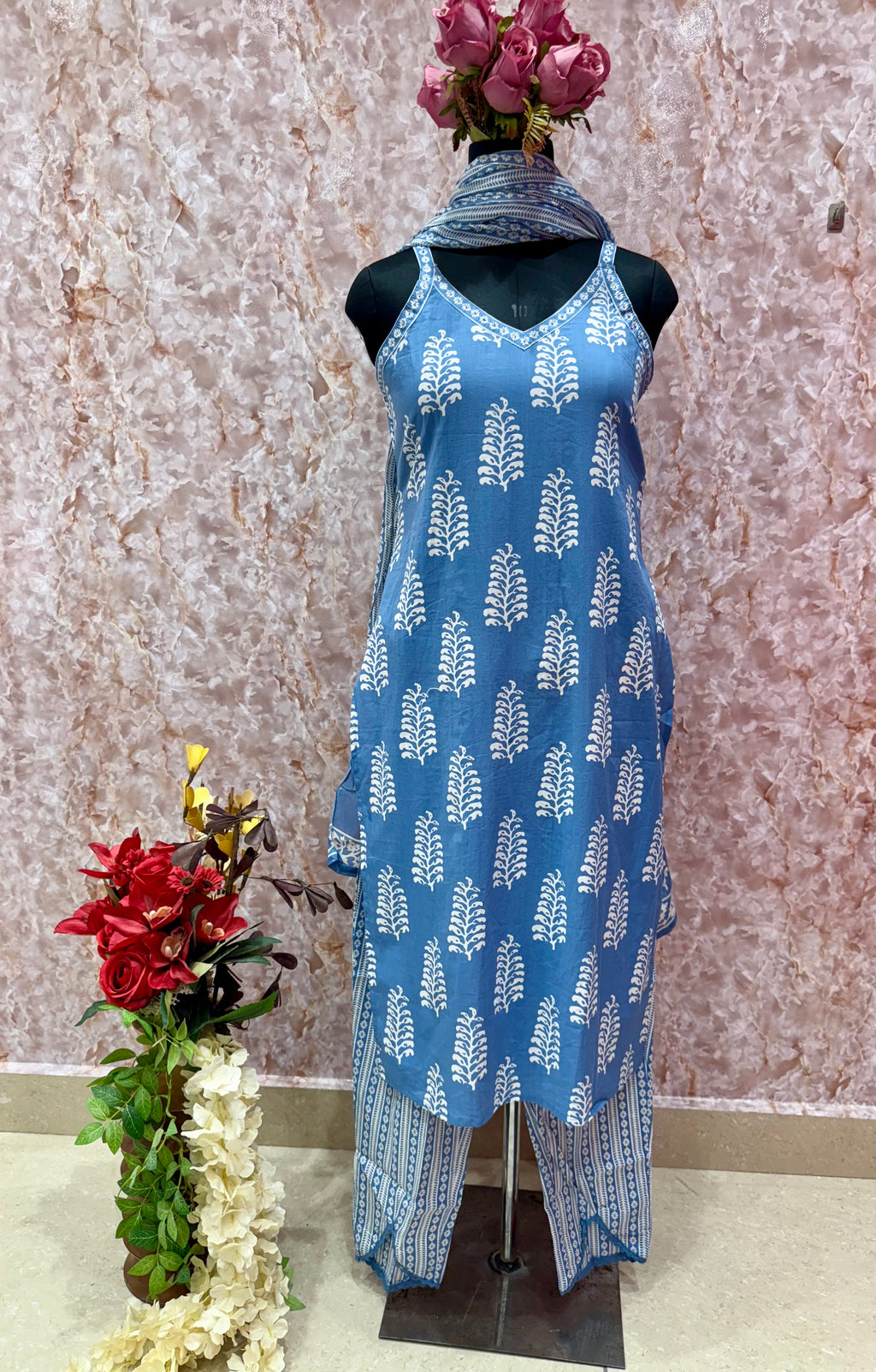 Elegant Indigo Handblock Printed Cotton Suit Set