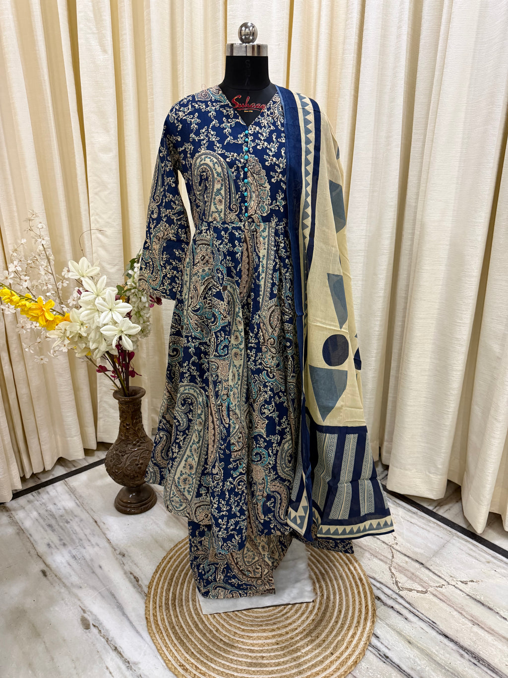 Navy Blue Paisley Cotton Anarkali Suit Set for Women – Printed Daily Wear Kurta