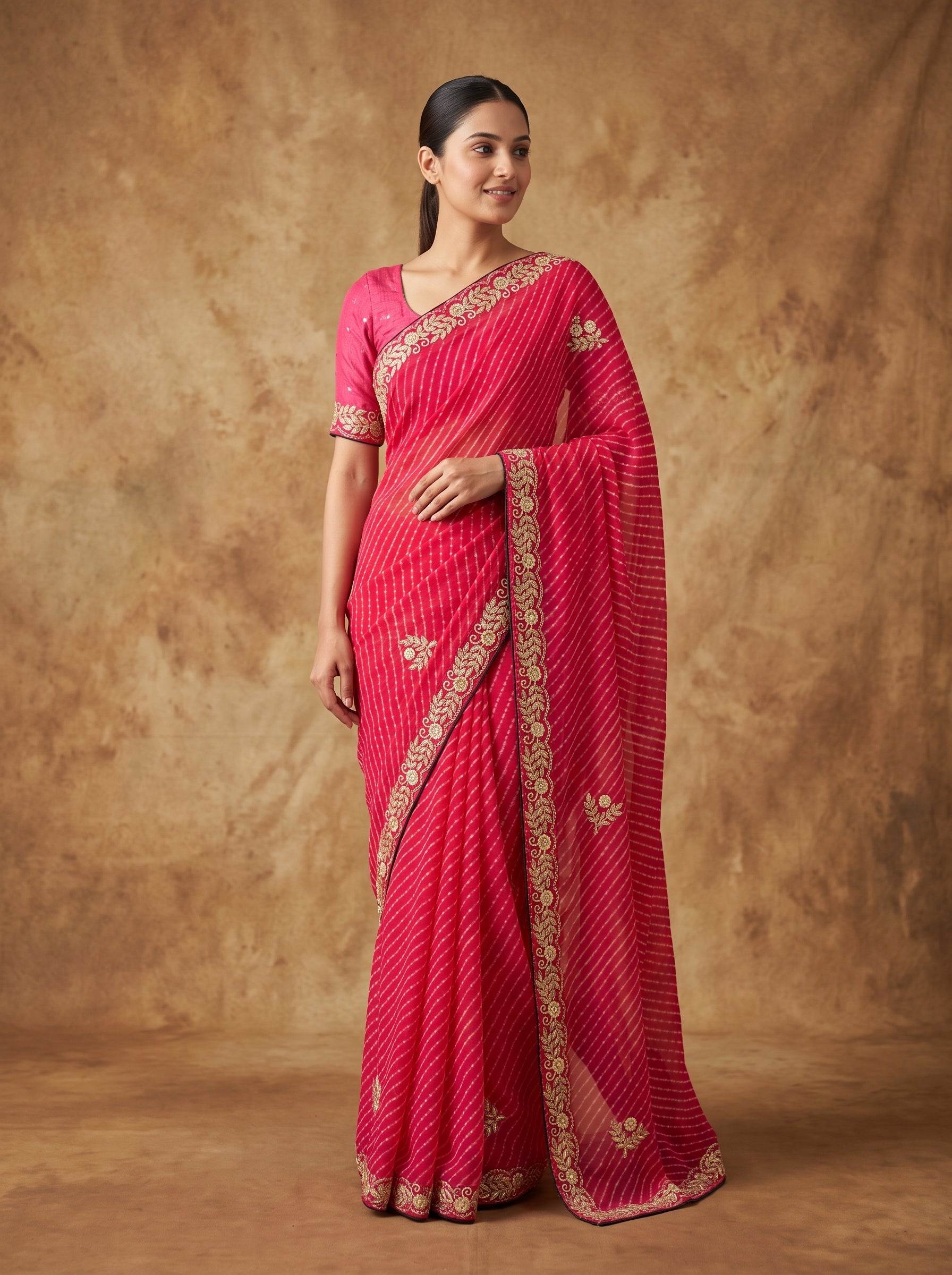 Rani Pink Leheriya Georgette Saree with Gold Zardozi Embroidered Border & Blouse Piece