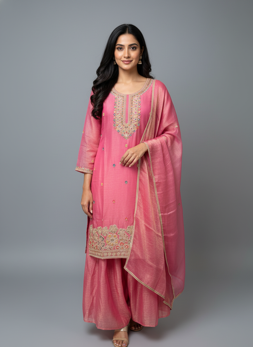 The Amara Floral Embroidered Suit Set - Pink