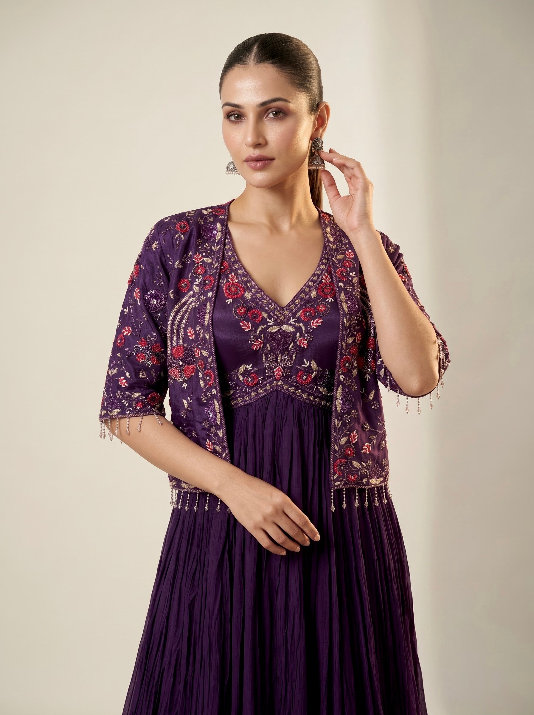 Purple Pure Georgette Anarkali Gown with Embroidered Jacket & Pearl Tassels