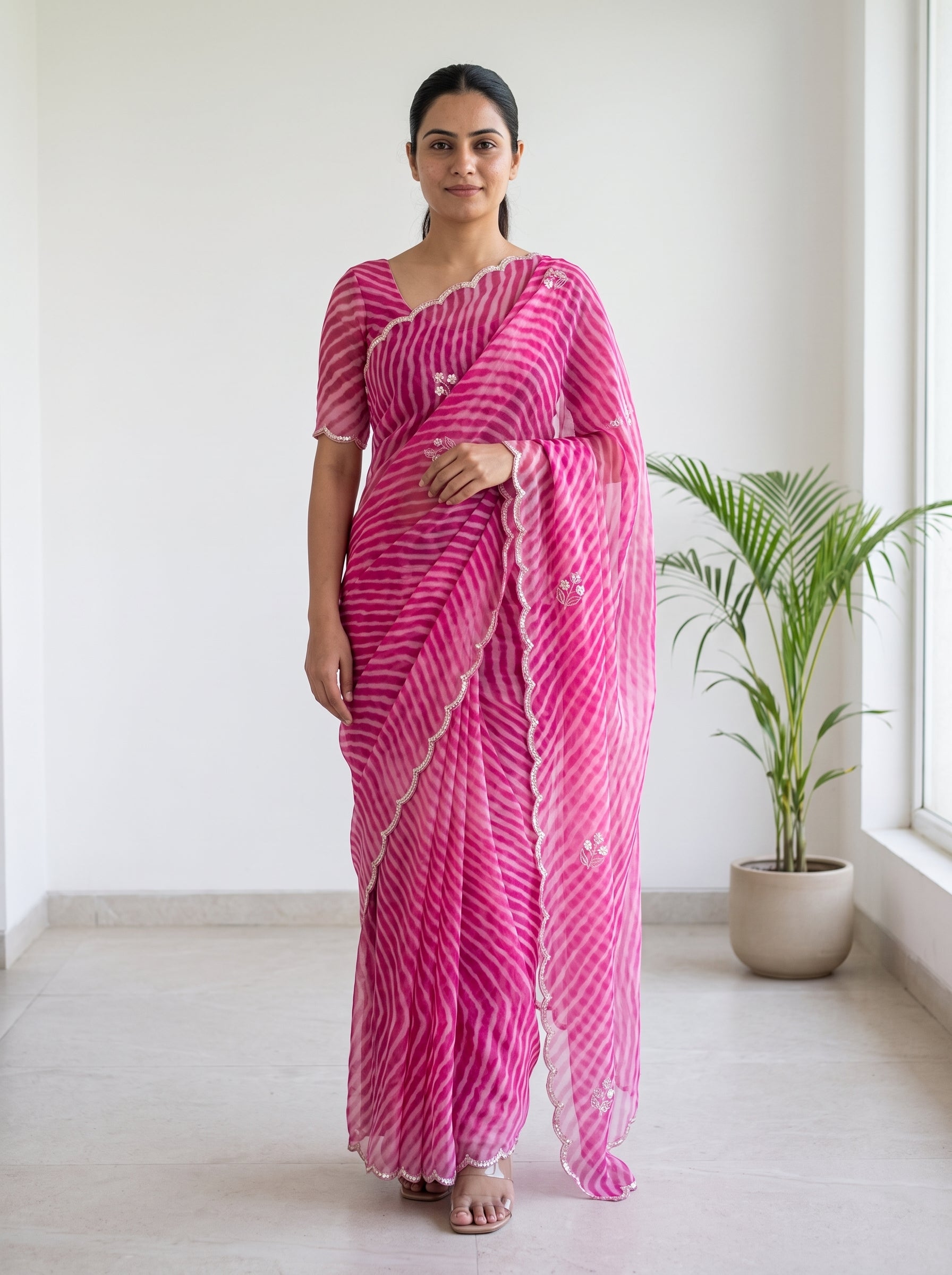 Pink Leheriya Georgette Saree with Pearl Work & Blouse Piece