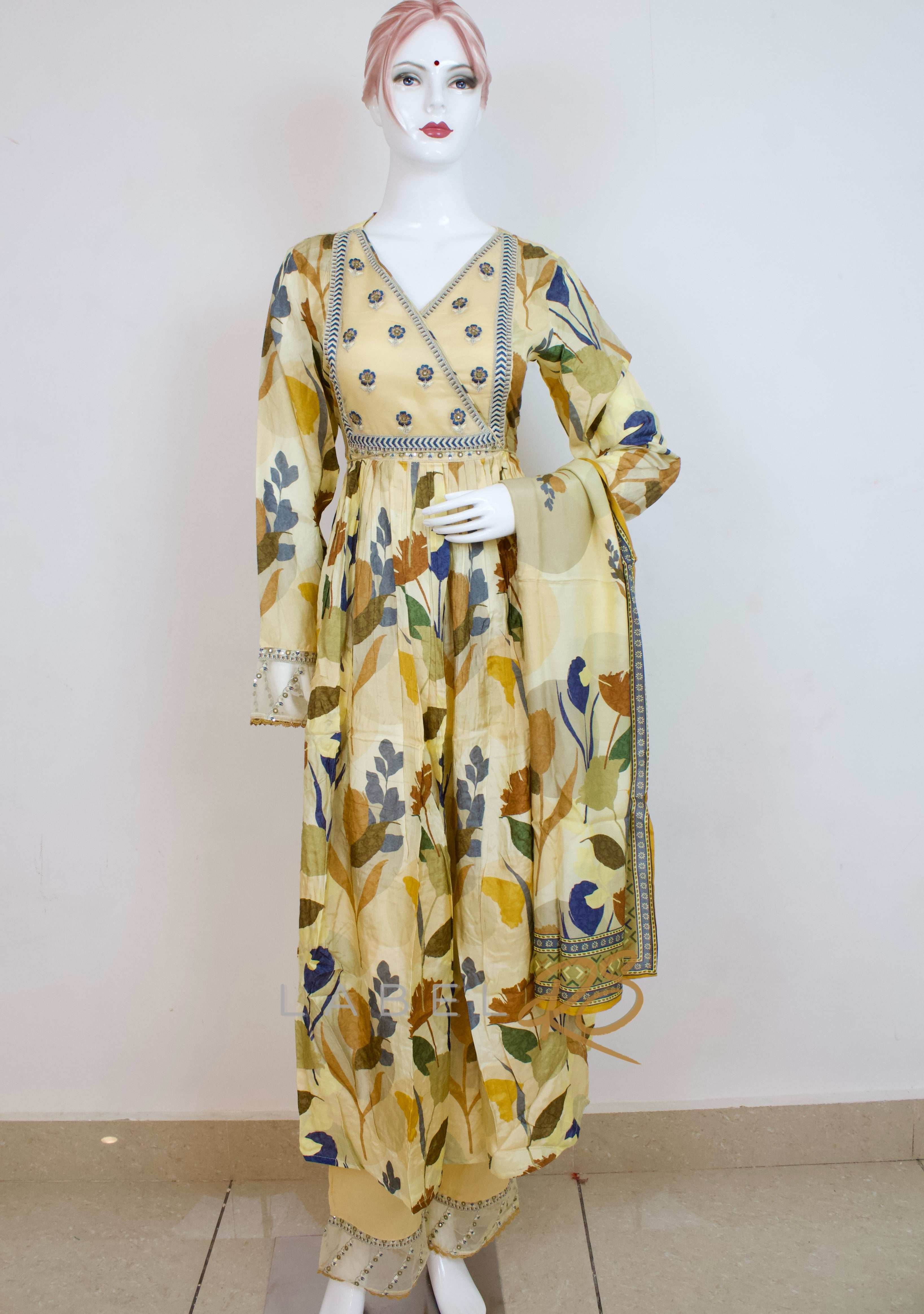 Cream Floral Side open Anarkali Suit With Embroidery