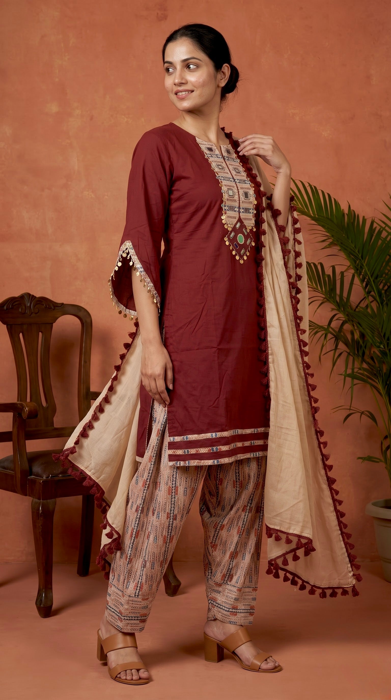 Maroon Mirror Work Premium Cotton Kurta Set with Printed Salwar
