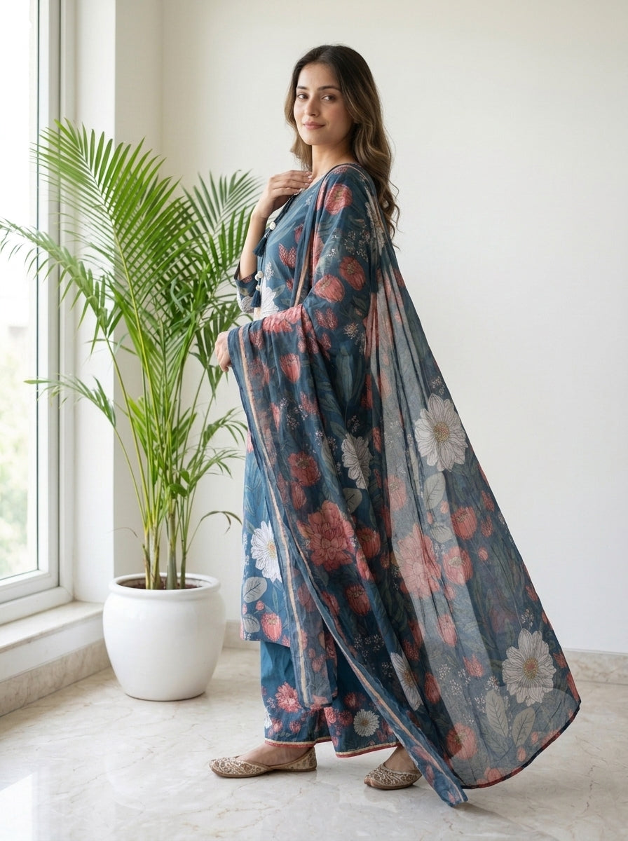 Blue Floral Print Cotton Kurta Pant Set with Dupatta
