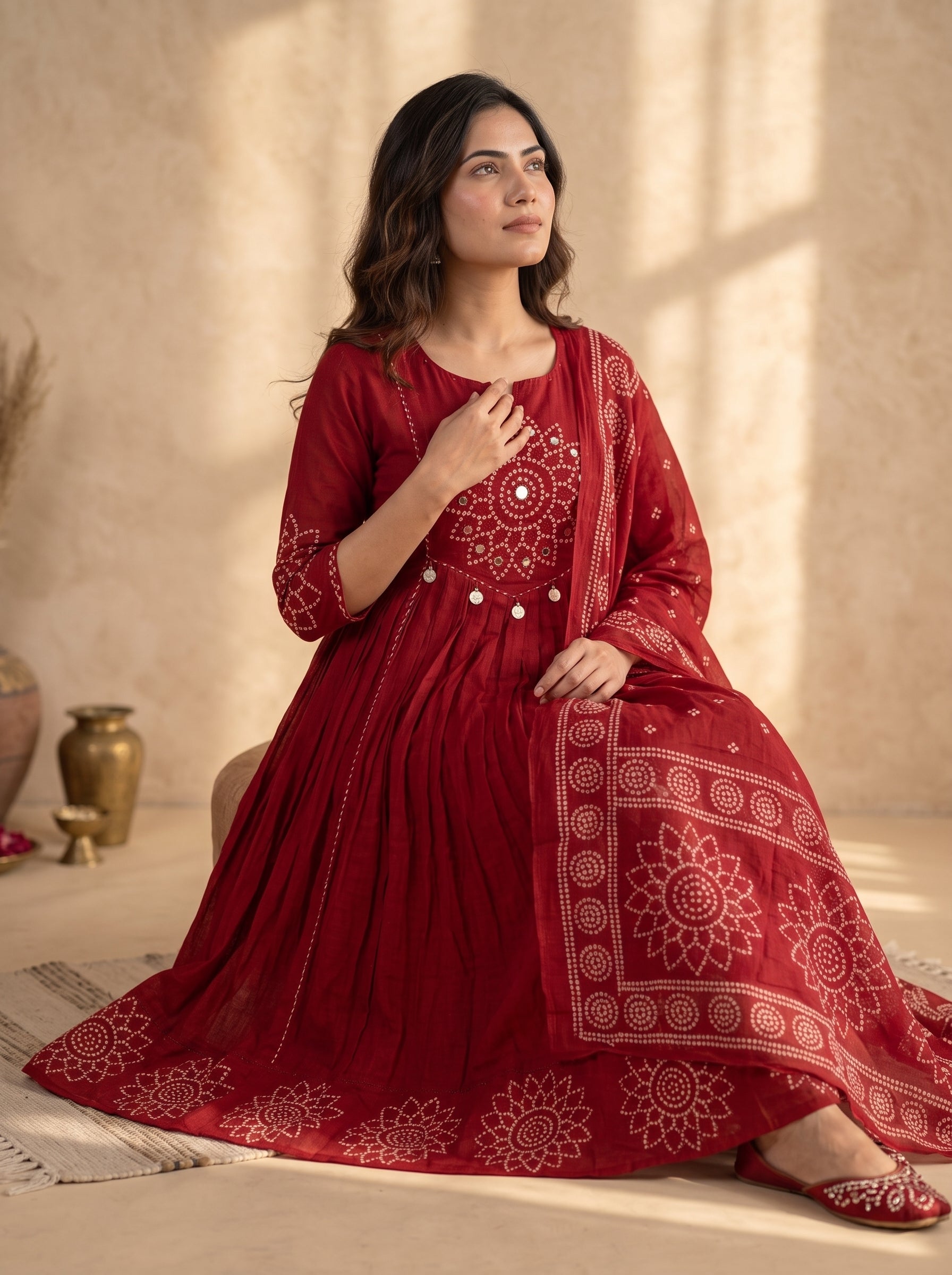 Red Bandhani Mirror Work Anarkali Kurta Set with Dupatta