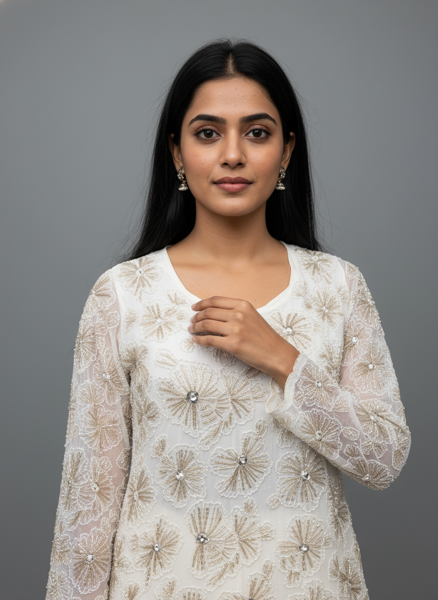 Pearl White Georgette Full-Sleeve Plazzo Suit with Dupatta