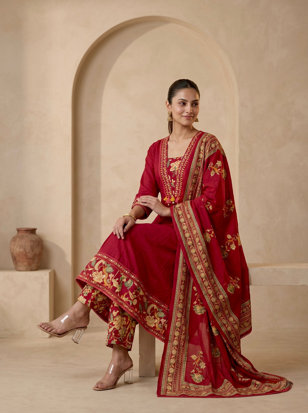 Maroon Floral Border Premium Cotton Anarkali Kurta Set