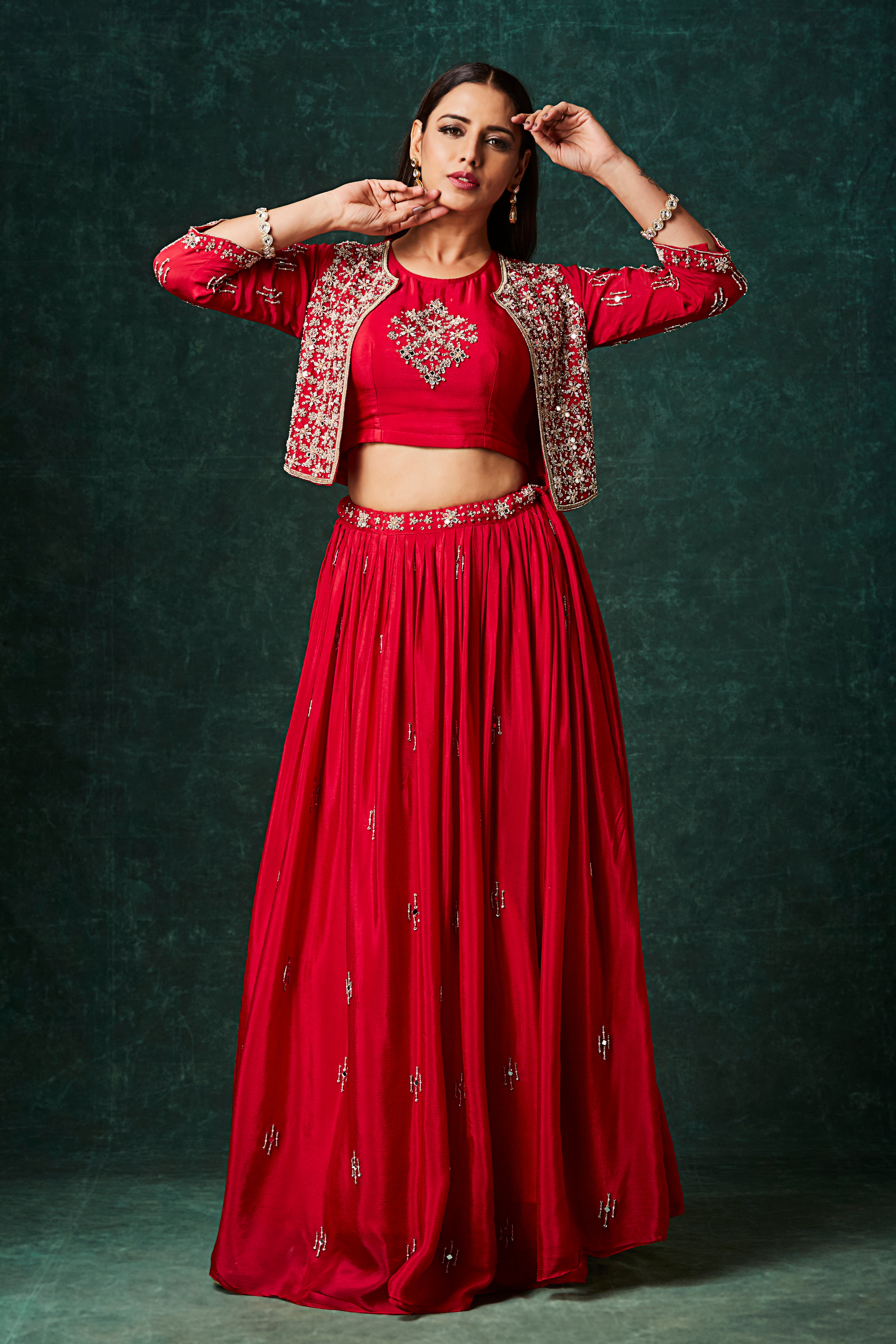 The Crimson Red Lehenga Set with Embroidered Jacket