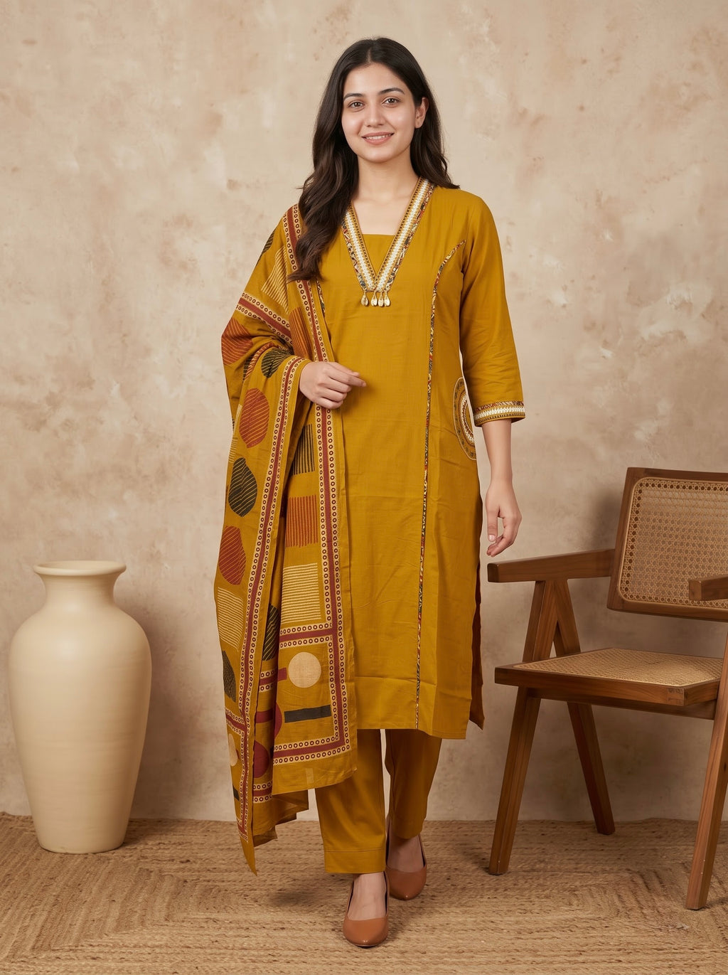 Mustard Yellow Premium Cotton Kurta Set with Kalamkari Dupatta