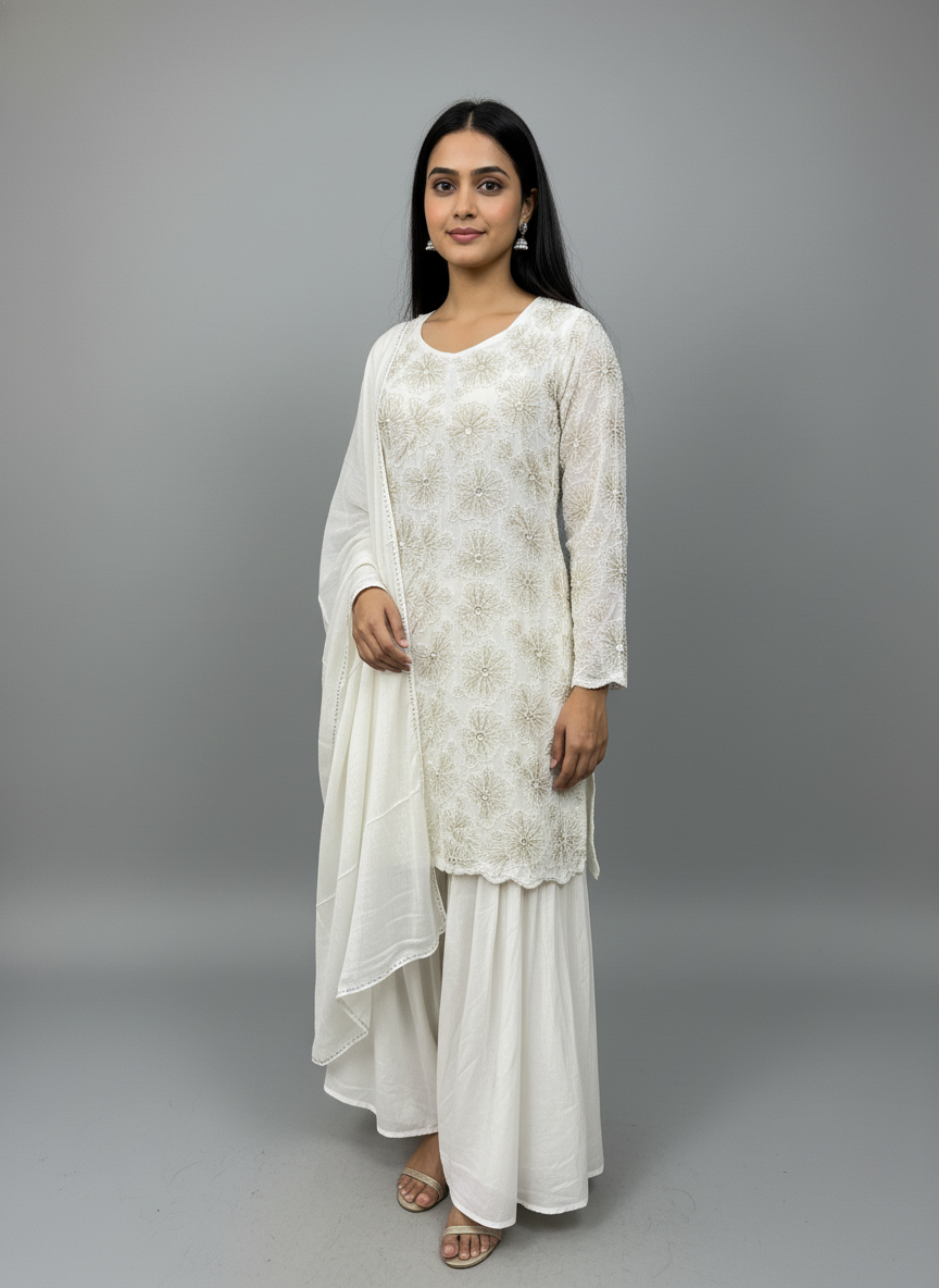 Pearl White Georgette Full-Sleeve Plazzo Suit with Dupatta