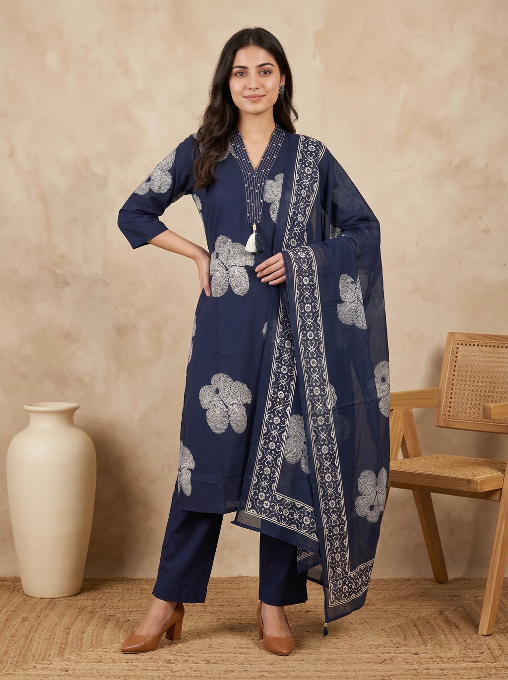 Navy Blue Floral Print Premium Cotton Kurta Pant Set